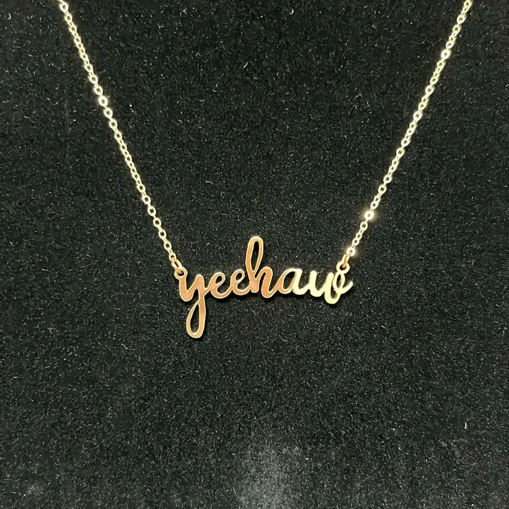 Gold tone yeehaw cursive scripture country western cowgirl rodeo necklace - Picture 4 of 11